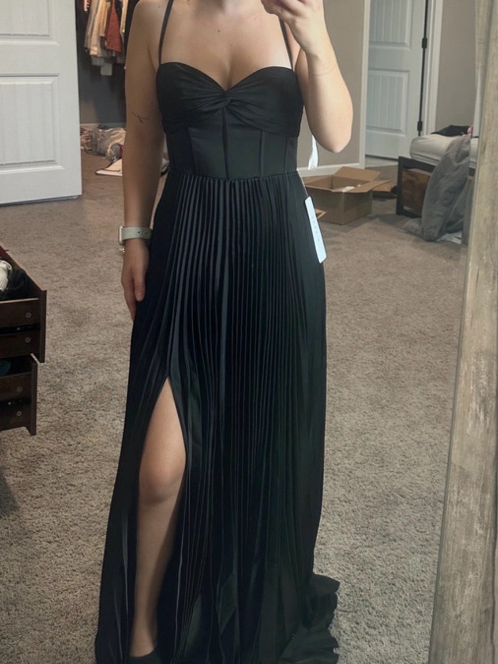Azazie Black Pleated Maxi Dress with Slit